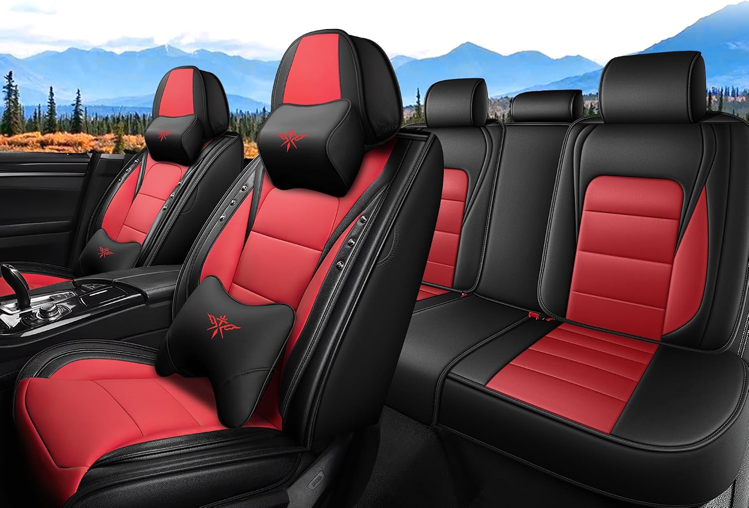 Seat Covers for Dodge Challenger 2009-2025, Luxury Leather & Waterproof, Full Set Custom Fit Car Seat Covers Automobile Interior(Black Red)