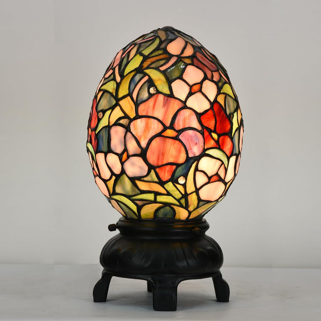 A0015 Tiffany Style Stained Glass Egg Table Lamp – Floral Pattern Decorative Night Light, 6.75' W x 12' OH for Bedroom Living Room Home Office, Vintage Accent Lamp,LED Bulb Included