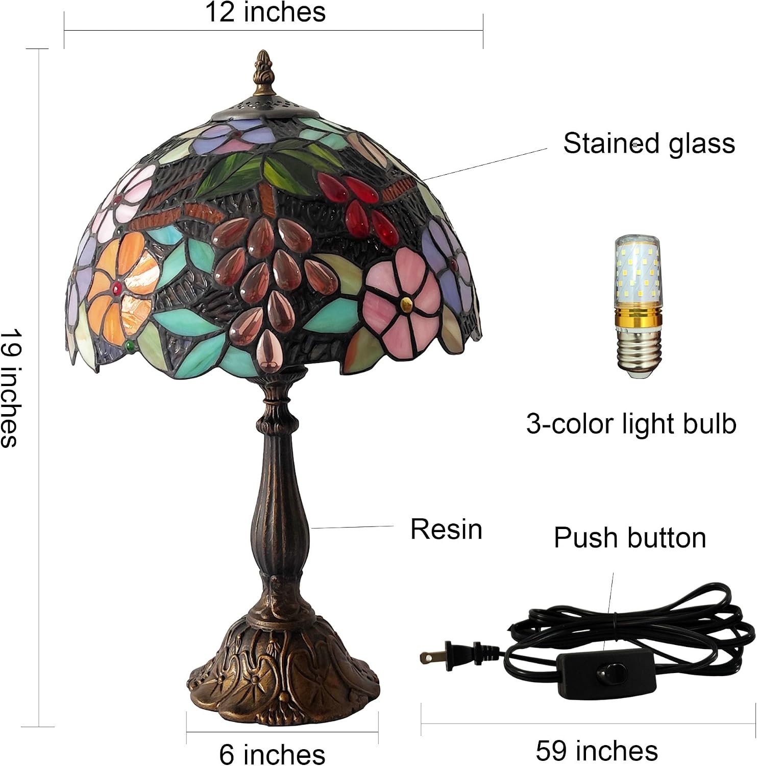 Tiffany 3-Color Stained Glass Lamp - Vintage Beside Reading Lamp, 12 inch Living Room Light, Flowers Style Antique Nightstand Light (Grapes Flowers)