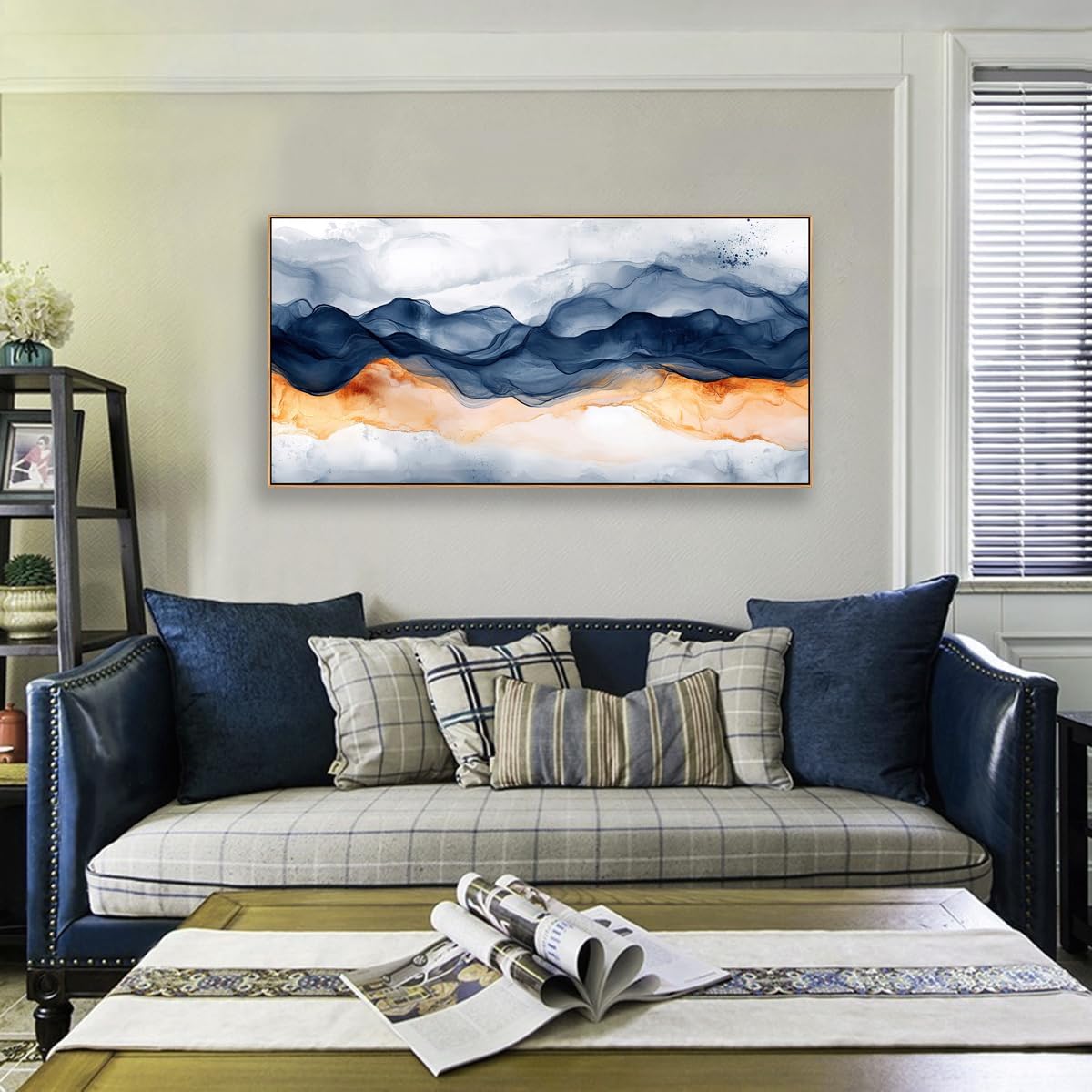 Tucai Decor Modern Abstract Mountain Wall Art Canvas Prints Navy Blue and Orange With Wood Frame Large Living Room Decor Bedroom Office Wall Decor 24 x 48 inch Ready to Hang