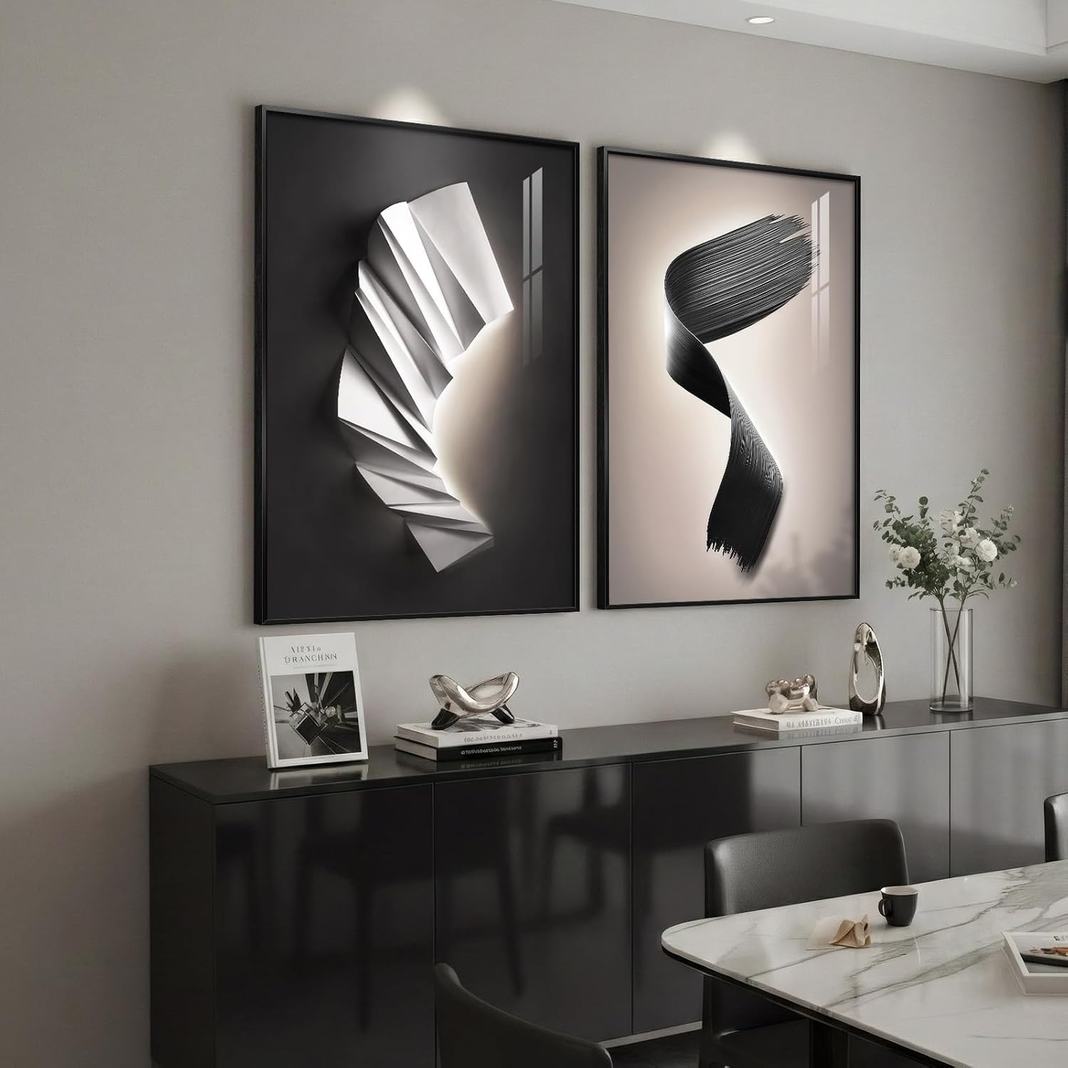 Large Framed Modern Black and White Wall Art for Living Room, Set of 2 Abstract Geometric Pictures Print Paintings, Luxury Bright Style Artwork for Bedroom Dining Room Hallway Wall Decor, 24x36 Inch