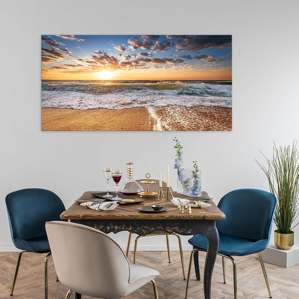 Jiuqinghua Wall Art Decor Large Canvas Print Picture Sunrise over the Sea 1 Panel Ocean Beach Waves Scenery Painting Artwork for Office Wall Decor Home Decoration Stretched and Framed Ready to Hang