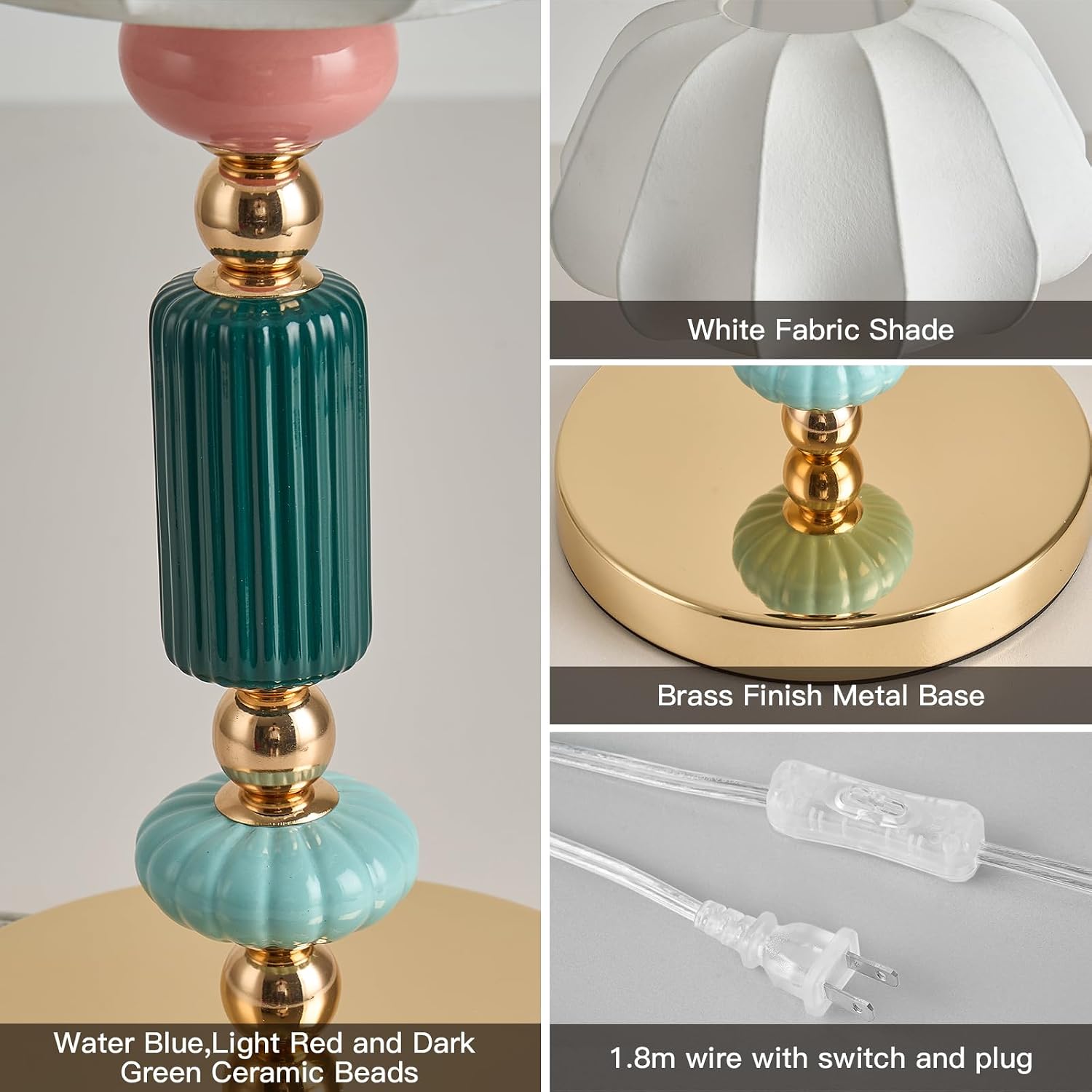 Modern White Fabric Table Lamp Plug in Metal Base Desk Light with Plug Cord Switch for Bedroom Bedside Living Room