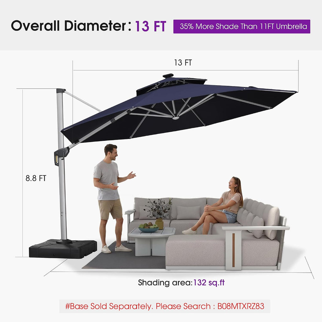 PURPLE LEAF 13ft Patio Umbrella with Lights Outdoor Round Large Cantilever Umbrella Solar Powered LED Windproof Offset Umbrella Heavy Duty for Garden Deck Pool Patio, Navy Blue