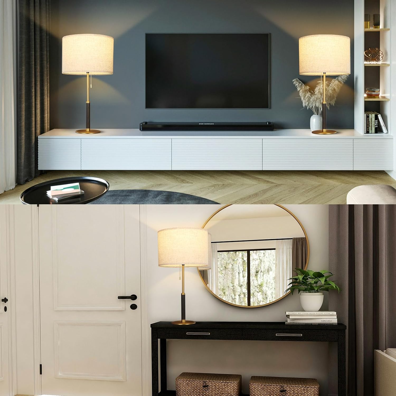 26.4' Set 2 Pull Chain Table Lamp Modern Mid Century Bedside Lamps for Living Room End Tables 3-Color Light for Bedroom, Solid Wood/Metal/Fabric Lamp for Home/Office/Desk (Light Brown+Brass)