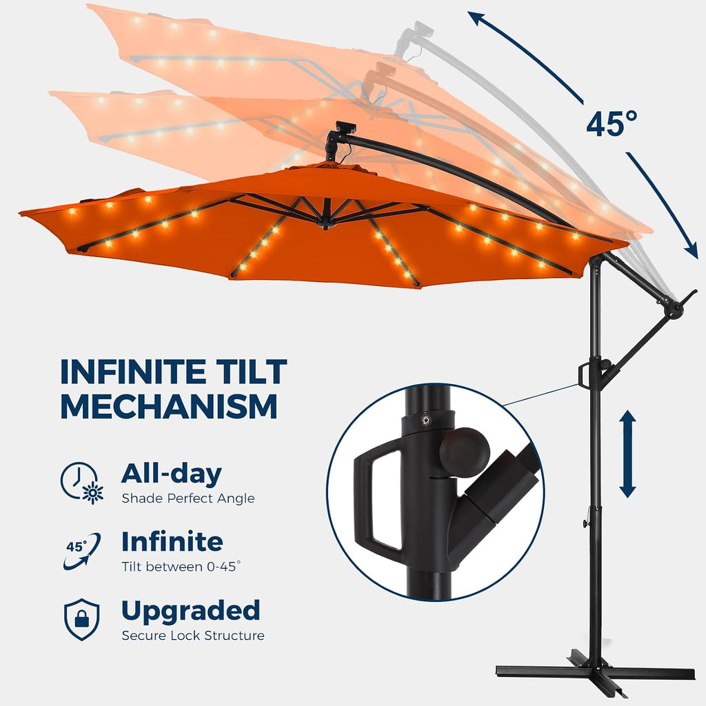 HOMSHADE 10ft Solar Lights Offset Cantilever Patio Umbrella - with Light and Base, LED Lighted Offset Hanging Patio Outdoor Market Umbrella UPF50+ UV Protection with Easy Tilt and Crank (Neon Orange)