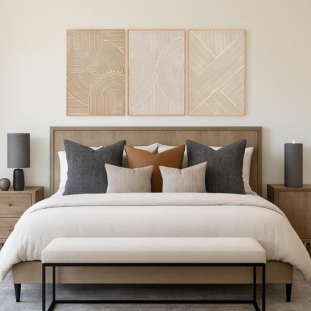 Zessonic Neutral Minimalist Textured 3D Wall Art Abstract Hand-Painted Framed Wall Decor Geometric Artwork Canvas Paintings- Living Room Bedroom Office - Modern Boho Neutral Line 16'x24' 3 piece