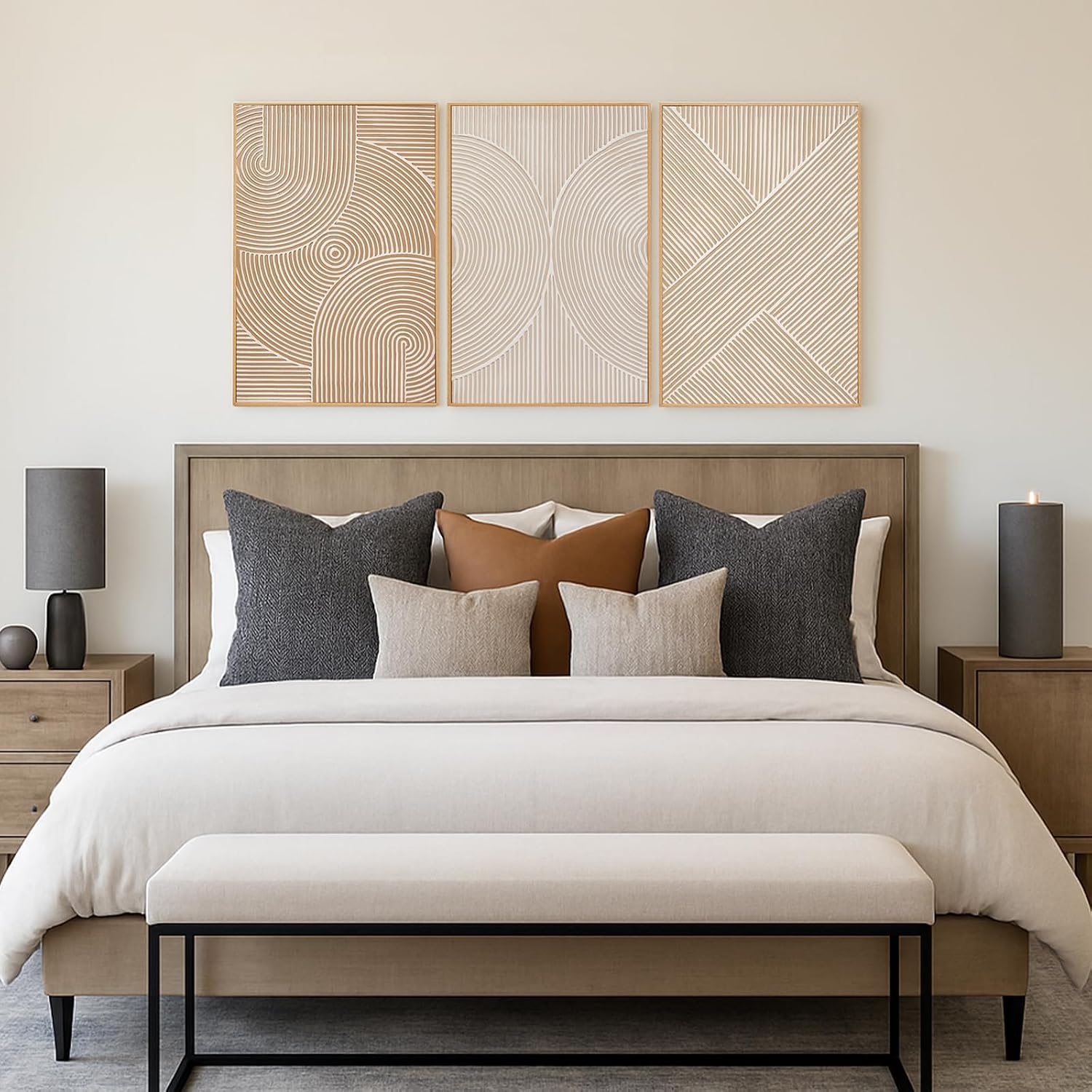 Zessonic Neutral Minimalist Textured 3D Wall Art Abstract Hand-Painted Framed Wall Decor Geometric Artwork Canvas Paintings- Living Room Bedroom Office - Modern Boho Neutral Line 16'x24' 3 piece
