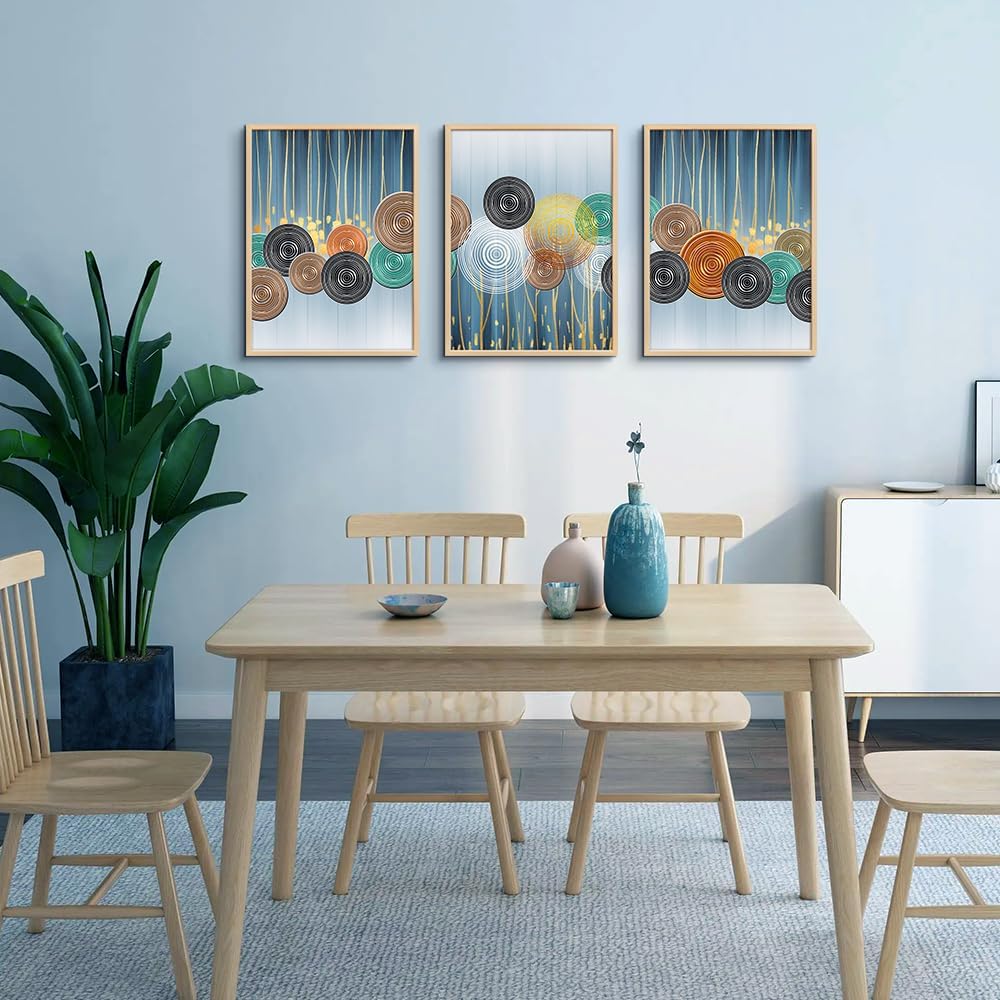 Natural Wood Framed Art Set - Boho & Abstract Styles, Perfect for Living Room, Bedroom, Office - 3 Large Size Prints