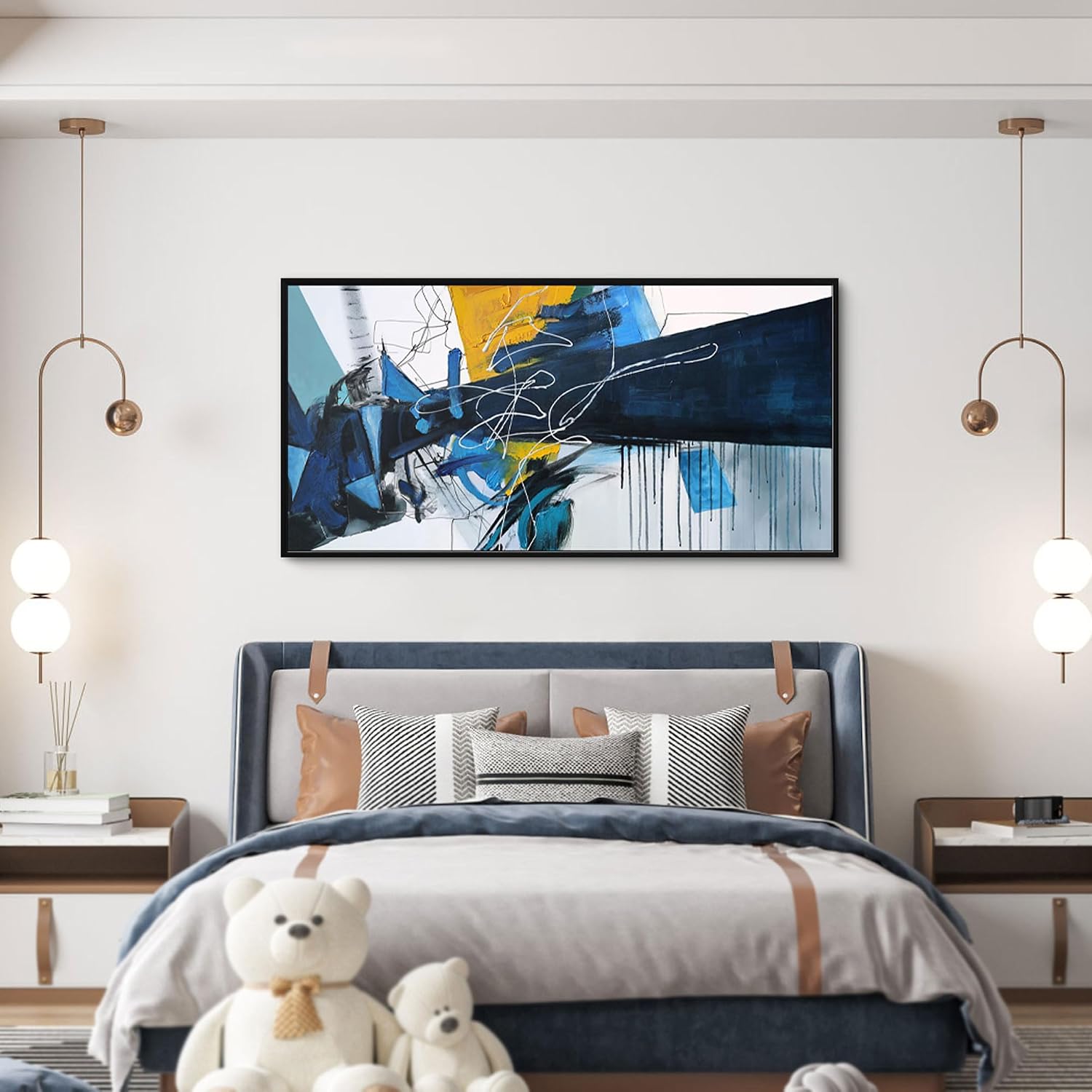 KLAKLA Wall Art for Living Room - Blue Abstract Canvas Pictures Framed Artwork for walls Extra Large Prints for Bedroom Above the Bed Decor 24x48 Inches