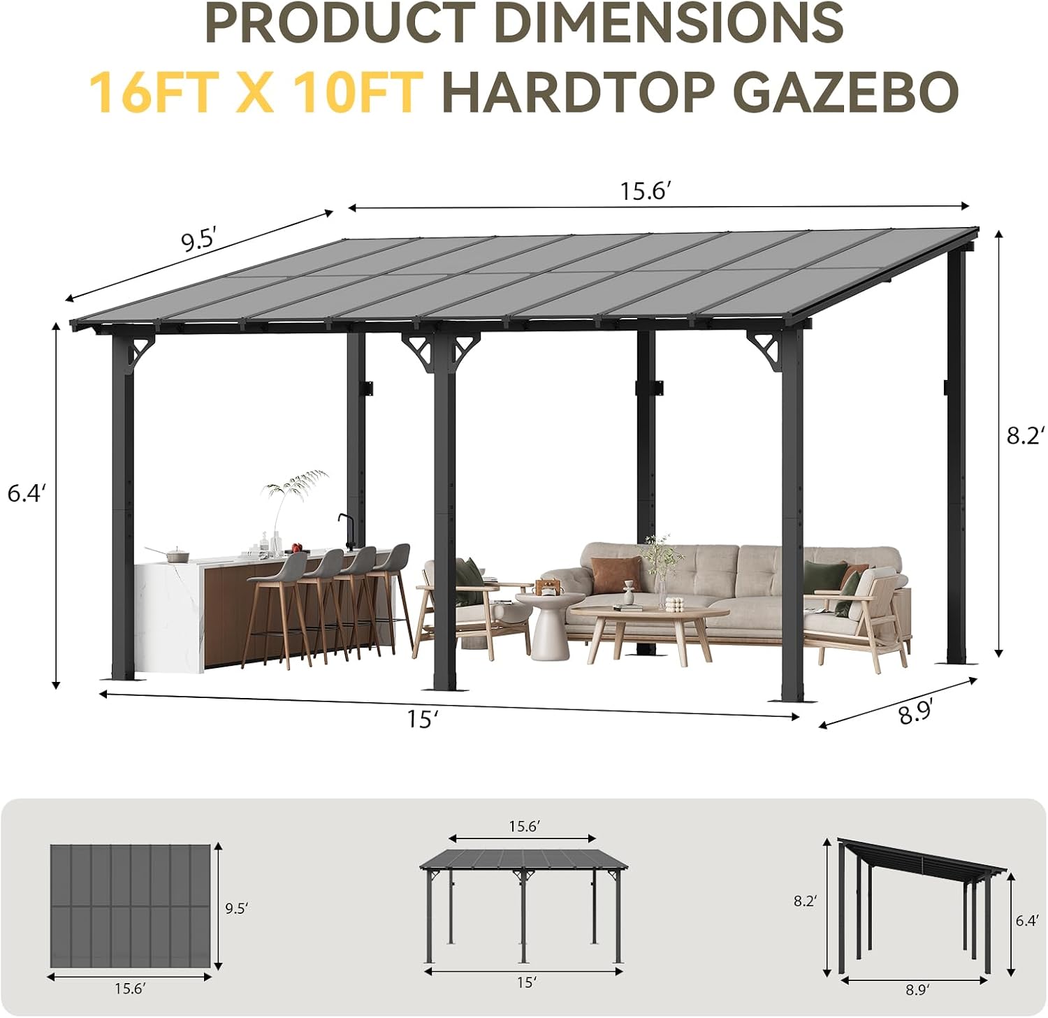 Aoxun 16'x10' Gazebo, Wall Mounted Gazebos Pergola on Clearance, Outdoor Patio, Large Wall-Mounted Heavy Duty Awnings for Patio, Decks, Backyard (Black)