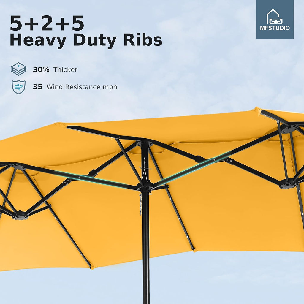 MFSTUDIO 15ft Double Sided Patio Umbrella with Solar Lights, Outdoor Large Umbrellas with Crank Handle and 36 LED Lights, Rectangular Market Umbrella with Base Included for Deck Pool, Gold Yellow