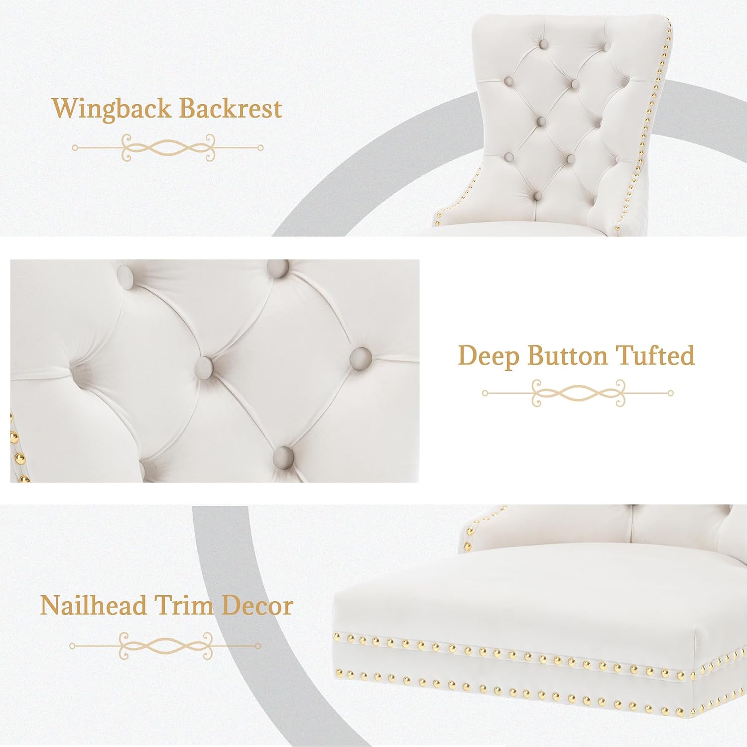 civama Dining Chairs Set of 2, Elegant Luxury Velvet Tufted Dining Chairs Golden Legs & Nailhead Trim, Back Lion Head Pull Ring & Rhomboid Pattern, Nikki Collection Armless Kitchen Chair, Beige