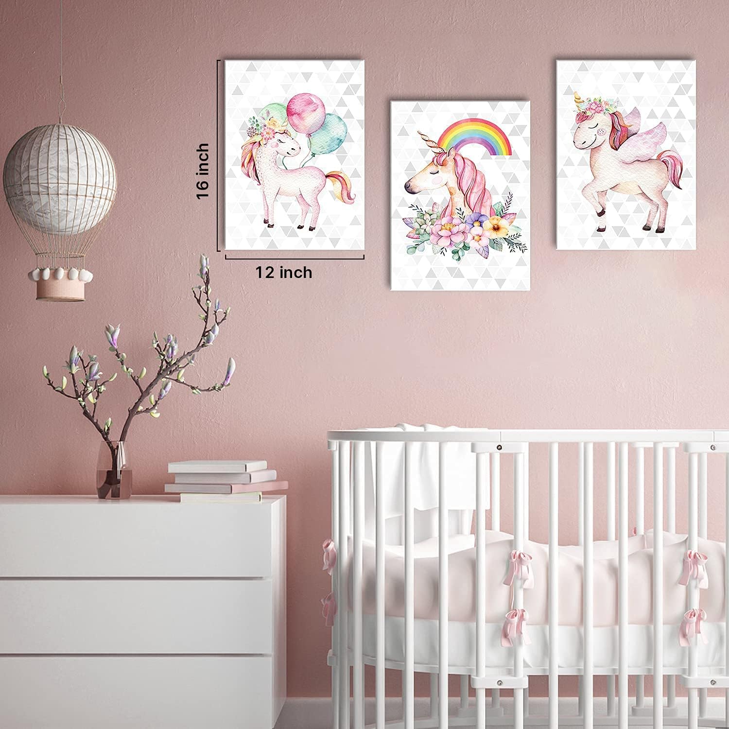 Unicorn Wall Decor Framed Canvas Art Prints Sweet Pink Horse Flower Balloon Rainbow Pictures Posters Modern Artwork Paintings Home Wall Decoration Girls Room Kids Bedroom Gift Set of 3 Panels 20x28