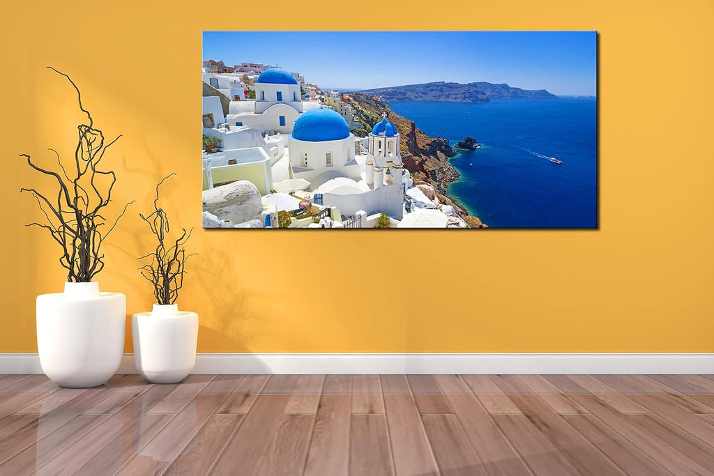 OKEXCKK Large Canvas Print Wall Art Santorini in Greece Painting Wall Decor, Blue Coastal Landscape Coastal Artwork Seascape Pictures for Living Room, Bedroom, Office Decoration - 29'x58'