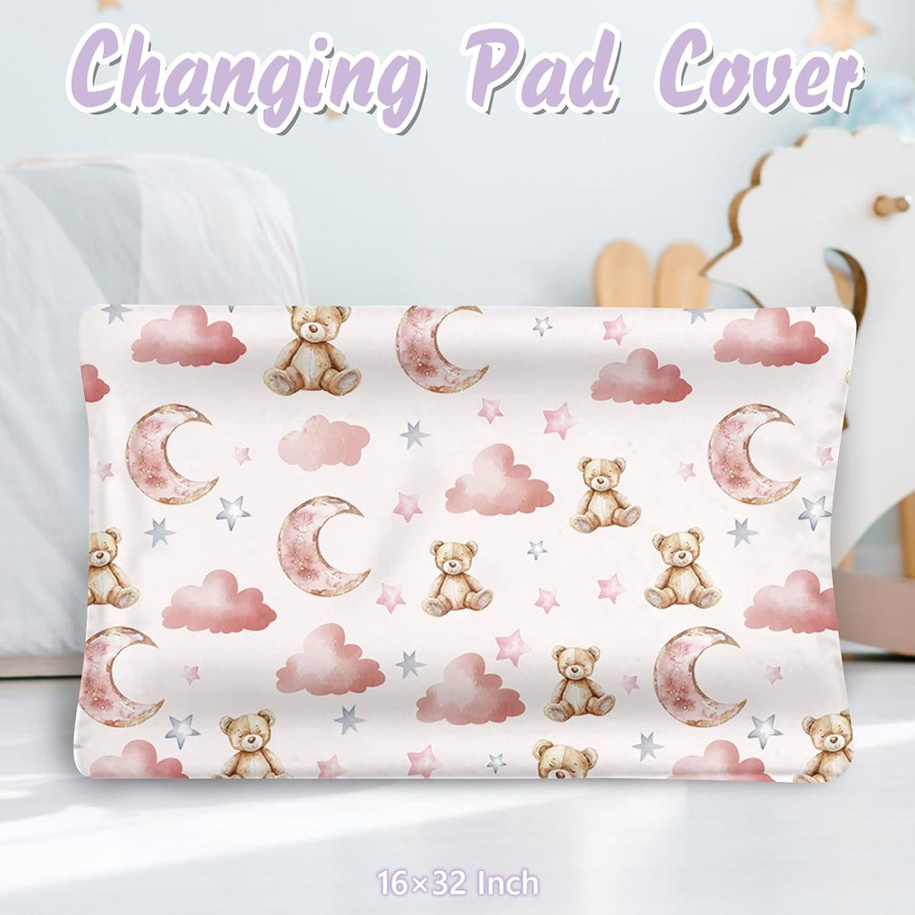 Personalized Baby Crib Bedding Set, 5 Pcs Custom Name Nursery Bedding Set for Girls Boys, Pink Bear Baby Crib Set for Toddlers Infants, Double Layer Bedding Crib Sets Customized Gifts