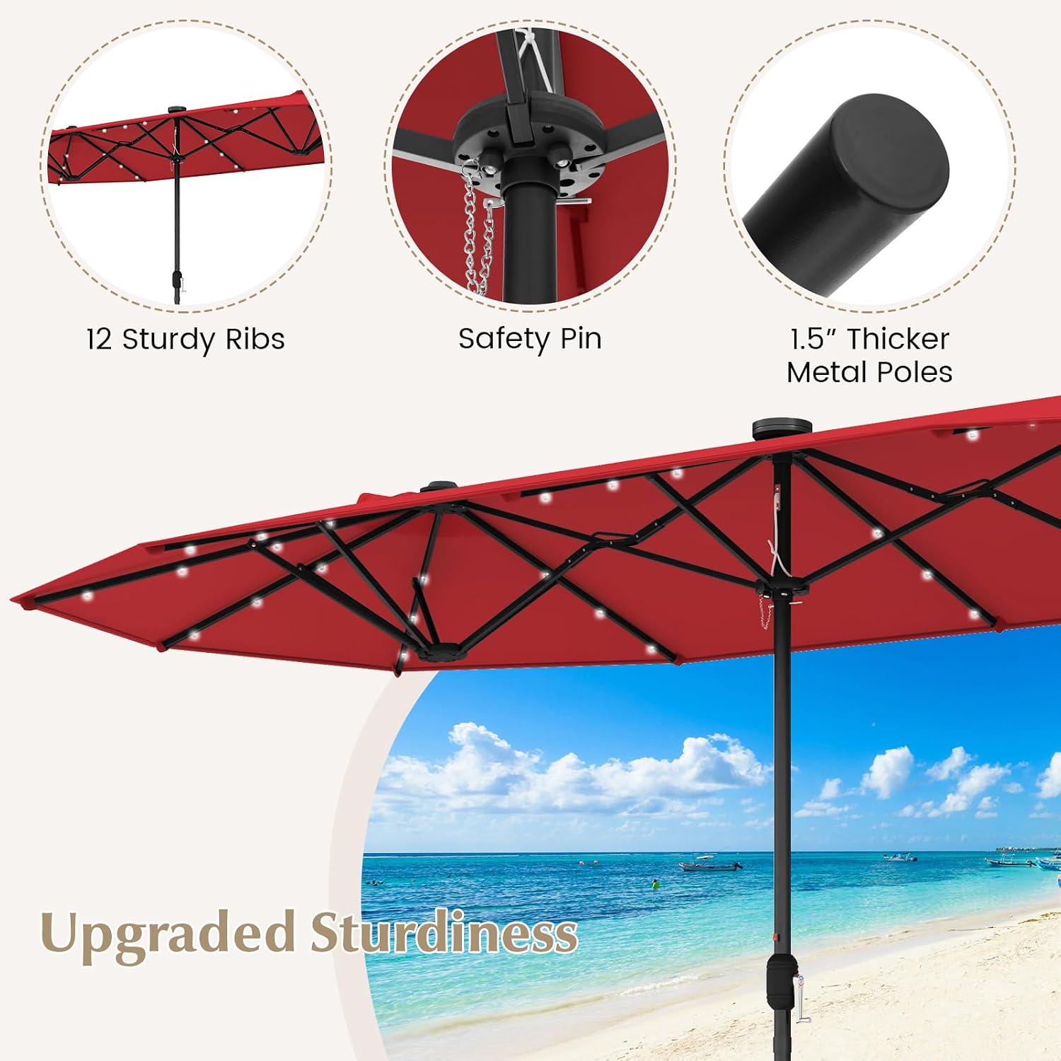 Tangkula 13FT Double-Sided Solar Patio Umbrella, Extra-Large Outdoor Twin Umbrella with 36 LED Lights, Vented Top, Crank Handle, 12 Ribs, Weighted Base Included for Backyard Poolside Deck (Wine)
