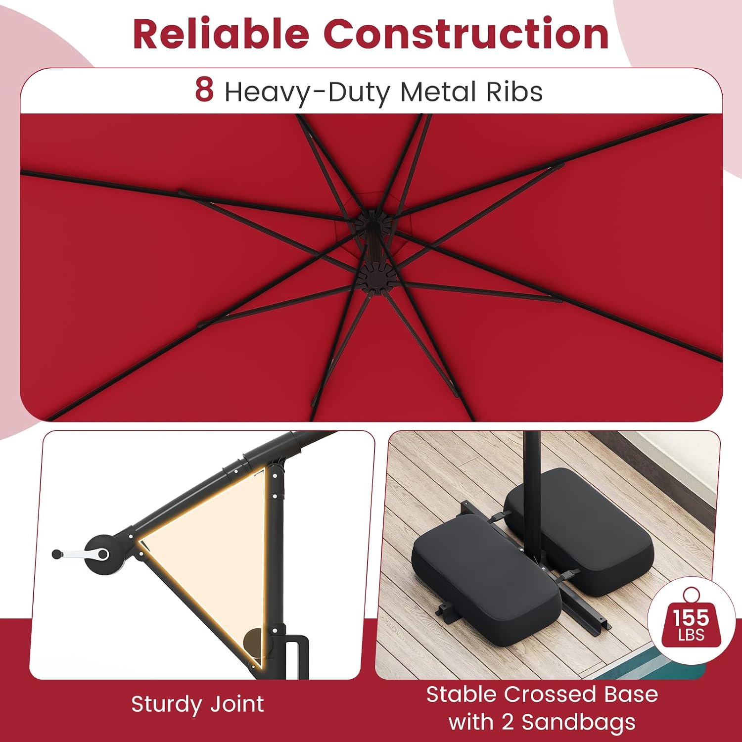 Tangkula 10 FT Solar Patio Umbrella with Base Included, Cantilever Offset Hanging Outdoor Umbrella with 96 Multi-Colored Flowing LED Lights, 9 Modes, Tilt Adjustment, 360° Rotation, Crank for Pool Yard Deck Lawn (Red)