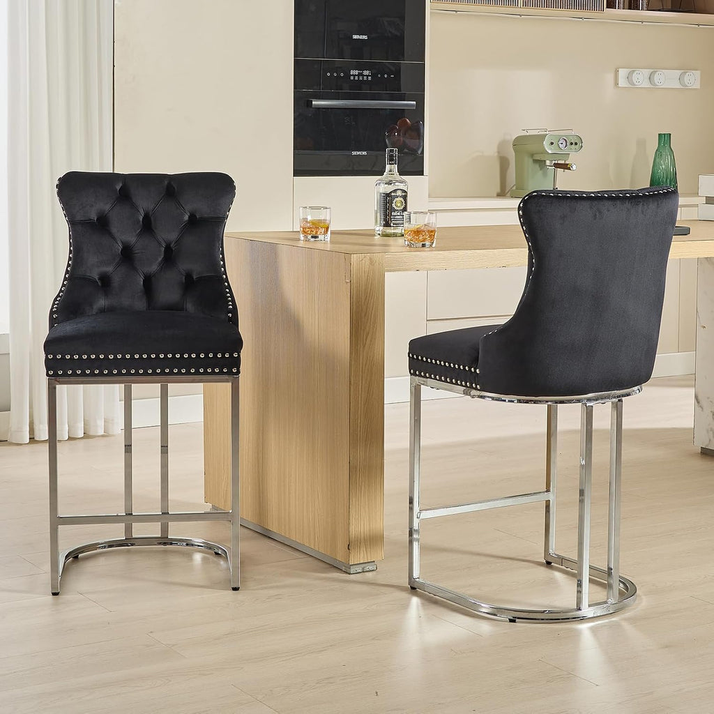 25' Counter Height Bar Stools Set of 4, Velvet Counter Stools for Kitchen Island, Tufted High Chair with Backs, Fabric Upholstered Modern Barstools for Pub Cafe, Chromed Metal Legs (Black, 4Pcs)