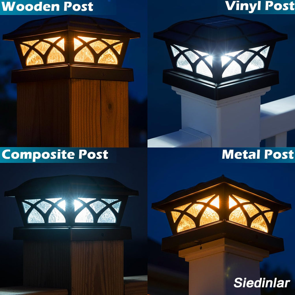 SIEDiNLAR Solar Post Cap Lights Outdoor Glass 2 Color Modes 8 LEDs for 4x4 5x5 6x6 Wooden Vinyl Posts Deck Fence Patio Decoration Warm White & Cool White Lighting Black (10 Pack)