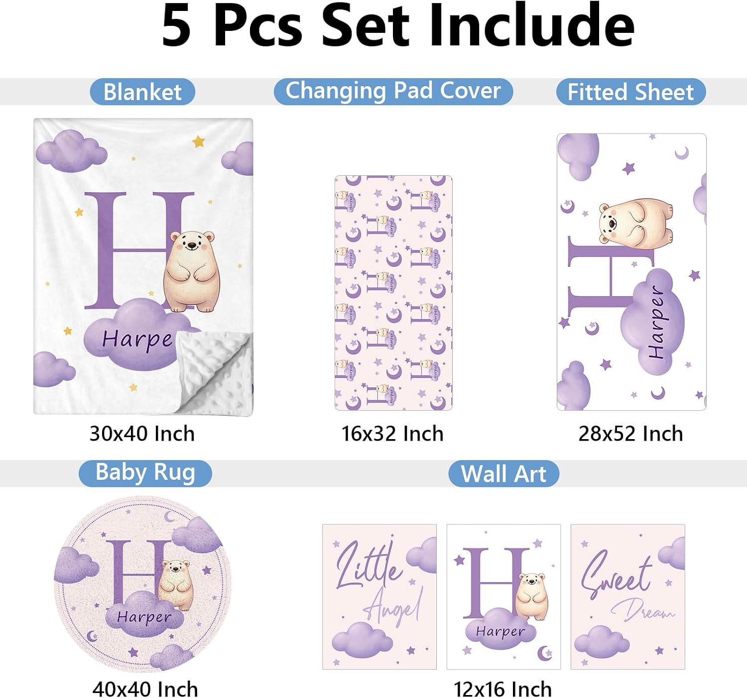 KAINSY Custom Crib Bedding Set, 5 Pcs Personalized Name Monogram Baby Crib Sets for Infants Toddlers, Purple Bear Nursery Bedding Set for Boys Girls, Soft Flannel Baby Bedding Sets Customized Gifts