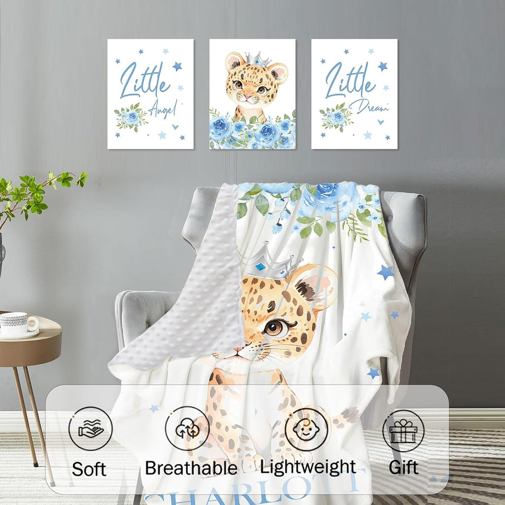 Personalized Nursery Crib Bedding Set: Custom Name Blue Floral 5 Piece Baby Crib Sets with Leopard Theme - Toddler Double Layer Blanket Set, Comfortable Crib Bed Sheets for Baby Grils