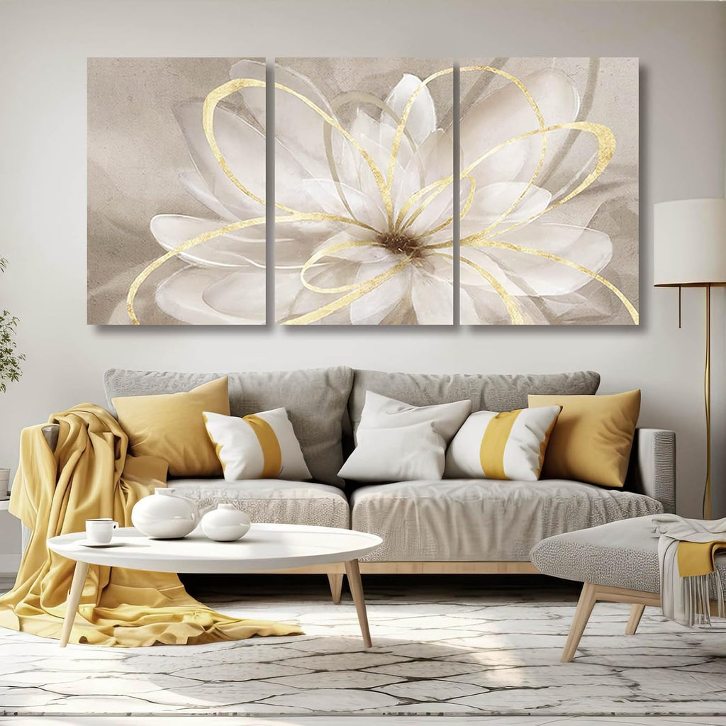 Kureful Gold Wall Art Pictures for Bedroom Flowers Wall Decor Floral Posters Art 3 Piece Wall Decorations Minimalist Decor for Walls 20'x 26'x 3