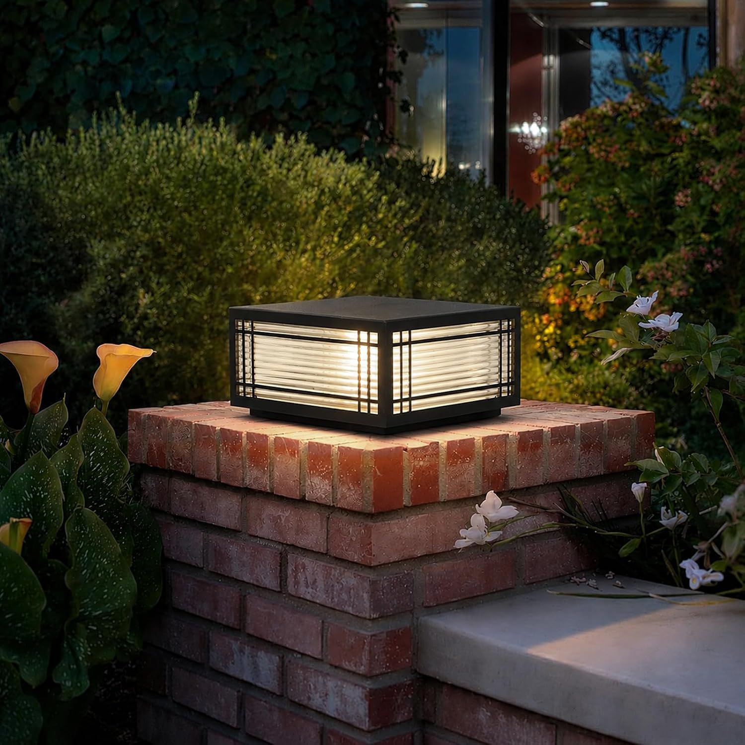 SLAWA Outdoor Post Caps Lights Modern Square Fence Pillar Lamps Waterproof Lawn Column Cap Lamp Courtyard Stainless Steel Housing Light Deck Post Light Fixture with Pier Mount Yard Pedestal Light