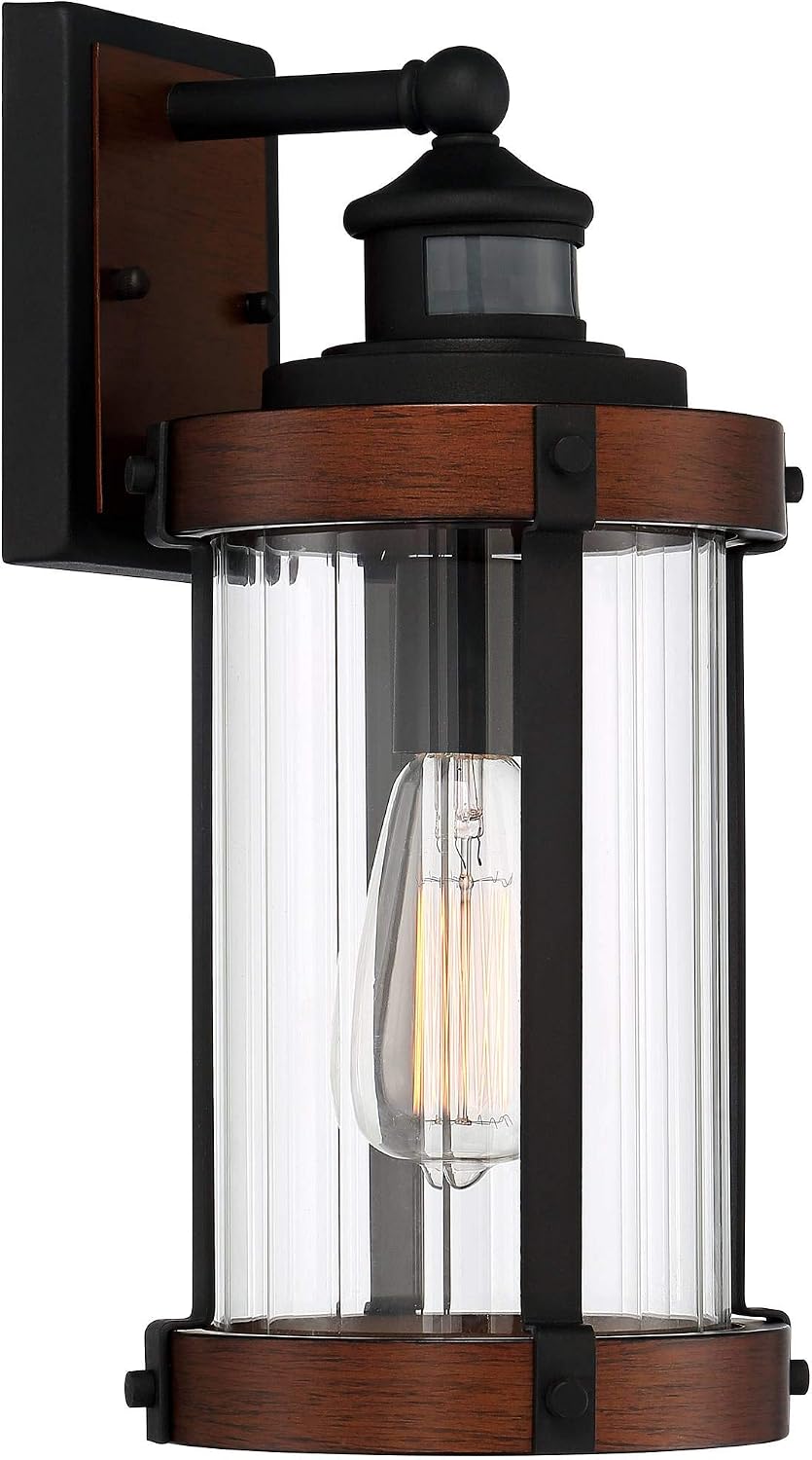 John Timberland Stan Industrial Outdoor Wall Light Fixtures Set of 2 Dark Faux Wood Black Metal Motion Sensor 15 1/2' Clear Glass for Cottage Core Post Exterior Barn Deck House Porch Yard Garage