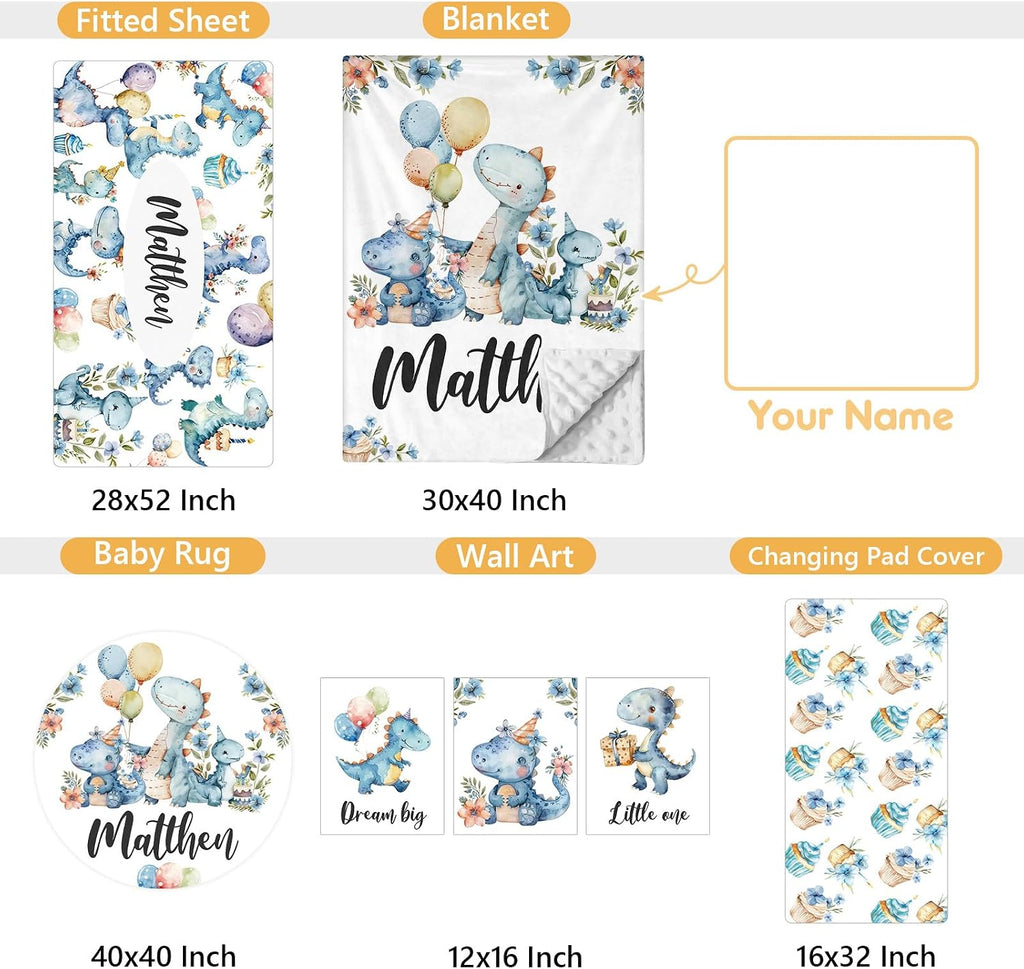 Terwex Custom Baby Crib Set - 5 Pcs Personalized Name Blue Dinosaur Crib Bedding Set for Infants Toddlers - Soft Double Layer Nursery Bedding Set for Boys - Customized Gifts for Baby Shower Birthday