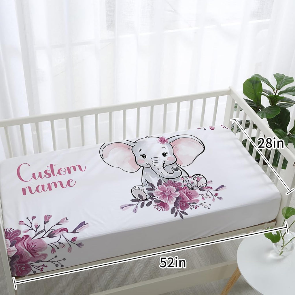 TOOTANN Custom Baby Crib Bedding Set, 5 Pcs Personalized Name Baby Crib Sheets for Kid Toddler Infant, Purple Floral Little Elephant Nursery Bedding Set