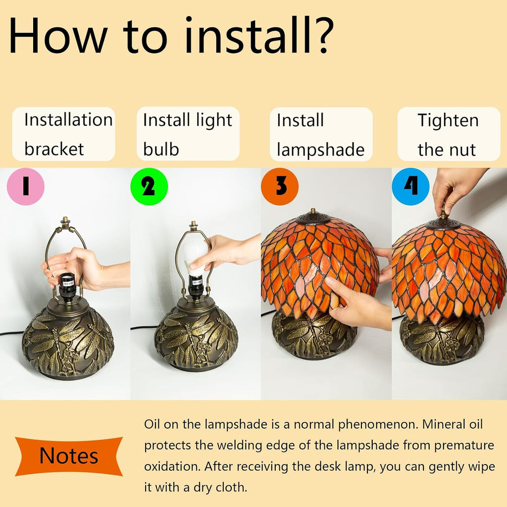 Tiffany Table Lamp Orange Wisteria Style Stained Glass Lamp for Bedside,Bedroom,Living Room,12 Inch Small Vintage Mushroom Desk Lights Included E26 LED with Remote Control(Autumn Leaves)