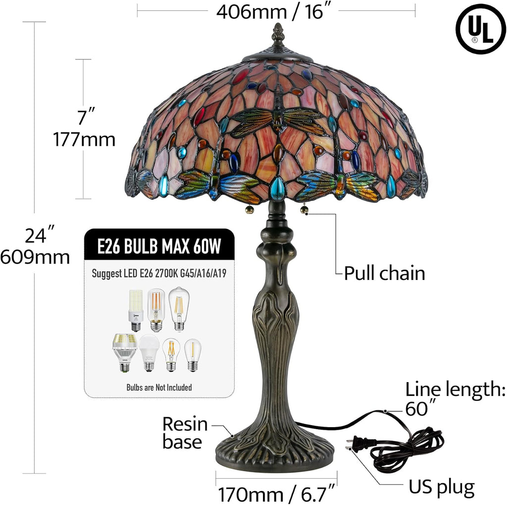 Tiffany Lamp 16' Red Orange Dragonfly Stained Glass Table Lamp for Large Space Vintage Style Antique Bronze Base Desk Light Decorate Bedside Bedroom Living Room Entry Hallway Home Office