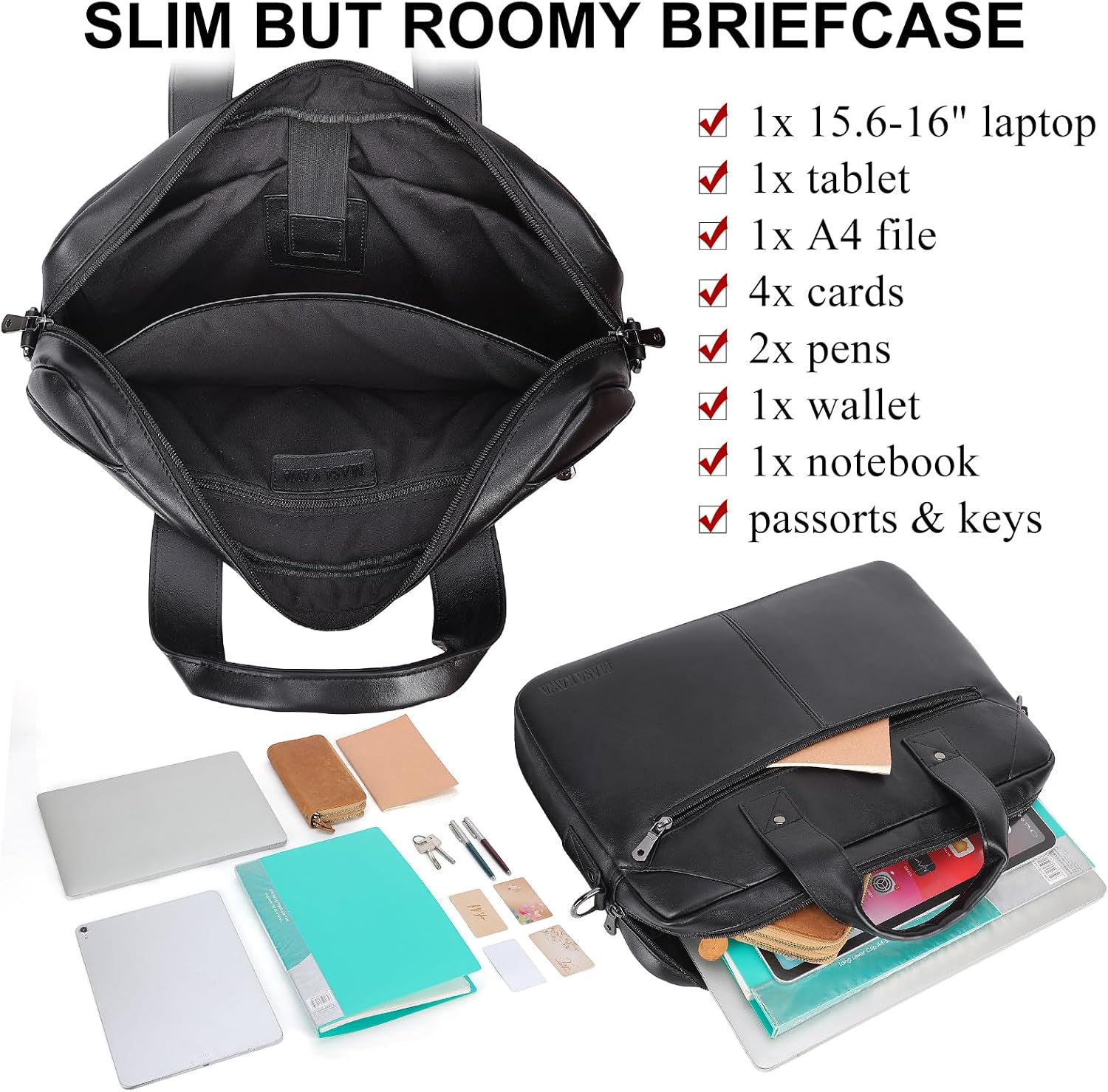 Masa Kawa Mens Leather Slim Briefcase for 16' Laptop Black Waterproof Crossbody Shoulder Messenger Computer Bag for Business Travel Office Work