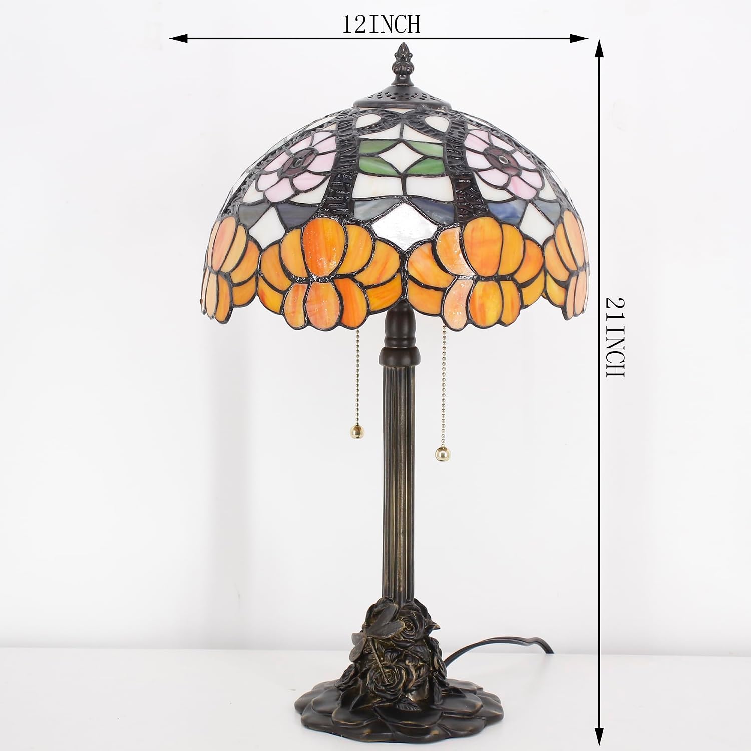 Tiffany Table Lamp Stained Glass Desk Lamp 12X12X21Inch Resin Base for Bedroom Living Room Reading Light (Orange Flower)