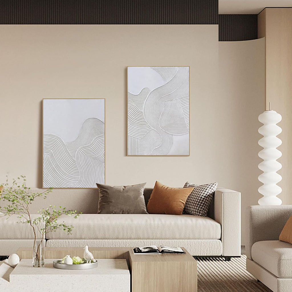 Framed Neutral Abstract Wall-Art Painting - Large Abstract Canvas Wall Decor 3D Curve Illustrations Hand painting for Living Room, Bedroom, Office - 2 Piece 28 x 40 Inch, Ready to Hang