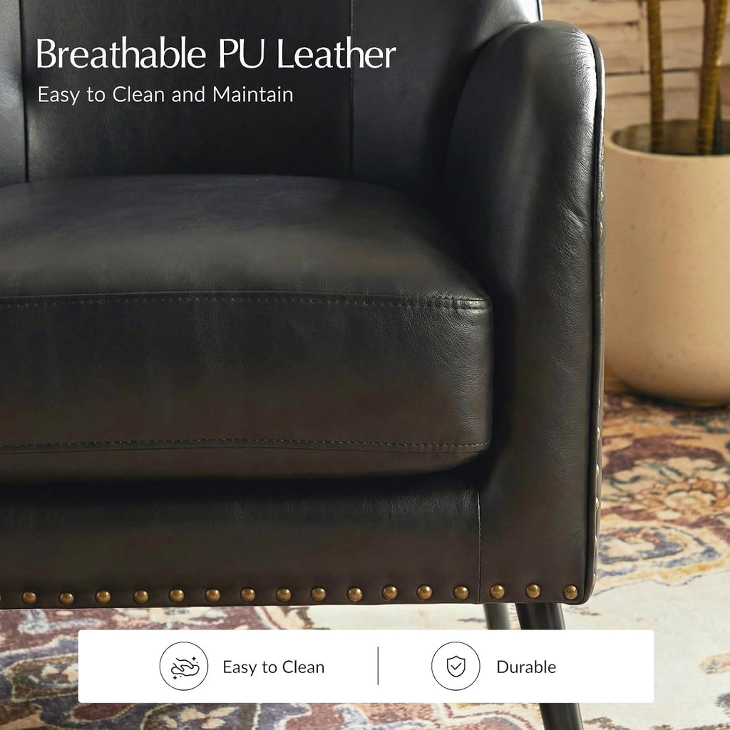 HULALA HOME Faux Leather Accent Chair with Removable Cushion, Comfy Upholstered Armchair with Black Metal Legs & Nailhead Trim Wingback Vanity Chair for Reading Living Room Bedroom, Black
