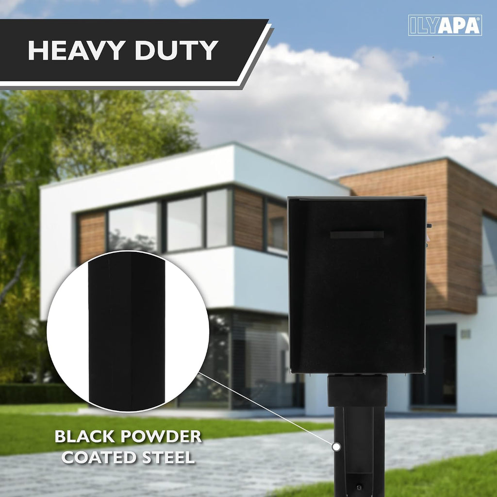 Ilyapa Modern Black Post Mount Mailbox with Gray Door & Waterproof Steel; Includes Heavy-Duty 43' Mailbox Post Sleeve with Universal Mounting Brackets for Parcels & Mail