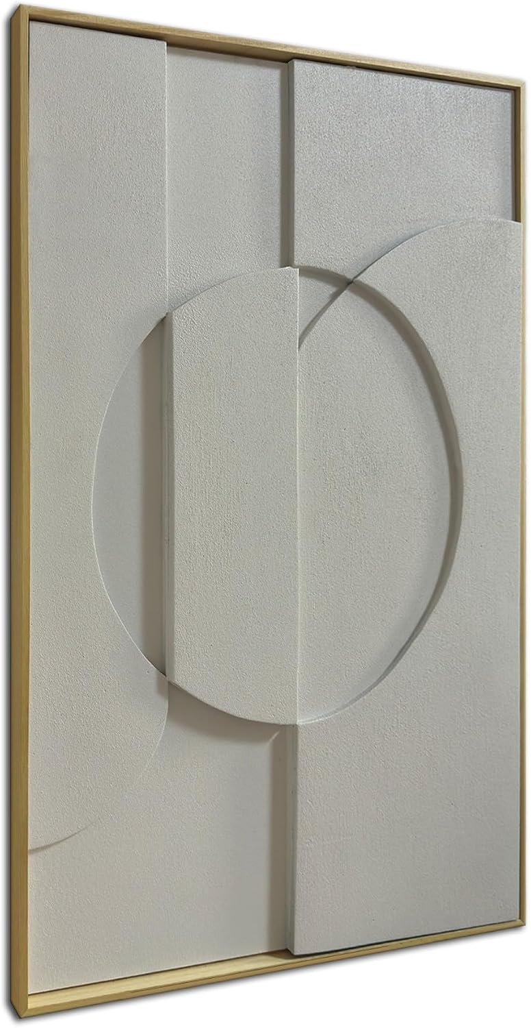Slyart White Textured Wall Art, Handmade Abstract Plaster Wall Art Framed Artwork, 3D Minimalist White Relief Verical Painting