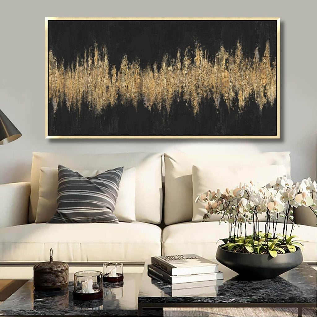 27'x56' Framed Black and Gold Abstract Sound Wave Textured Wall Art, Minimalist Pictures Canvas Wall Deco for Living Room Bedroom Office Gallery