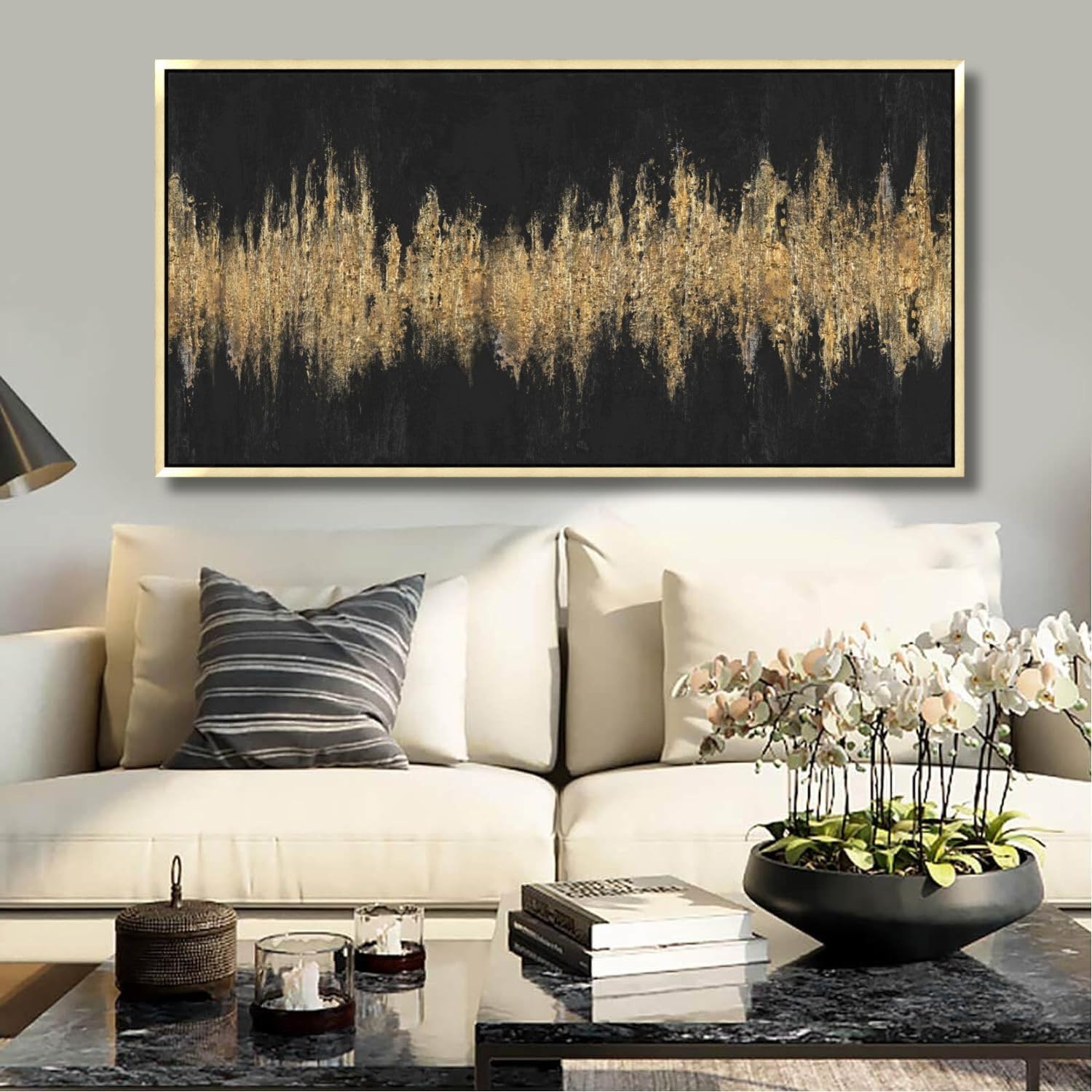27'x56' Framed Black and Gold Abstract Sound Wave Textured Wall Art, Minimalist Pictures Canvas Wall Deco for Living Room Bedroom Office Gallery