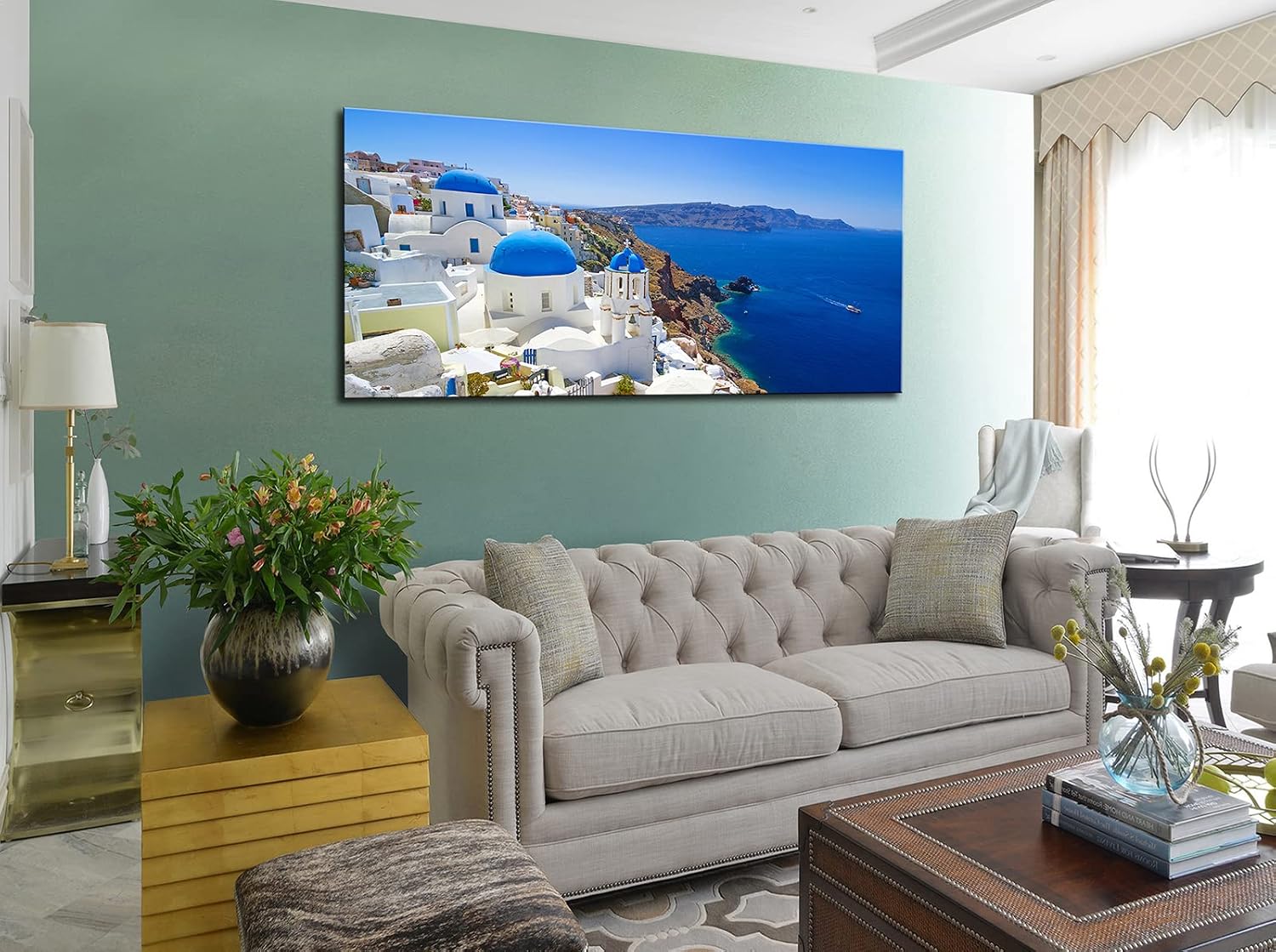 OKEXCKK Large Canvas Print Wall Art Santorini in Greece Painting Wall Decor, Blue Coastal Landscape Coastal Artwork Seascape Pictures for Living Room, Bedroom, Office Decoration - 29'x58'