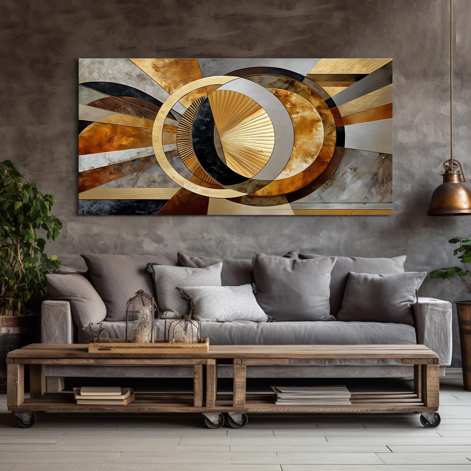 Big Abstract Wall Art Geometric Line Canvas Prints Pictures Modern Office Wall Decor Black and Gold Gray Stroke Ink Painting Mid Century Artwork Poster for Living Room Office Home Decorations 75x147cm