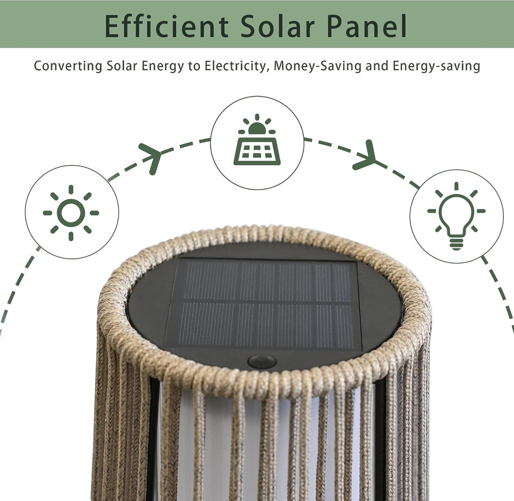 TRIROCKS Outdoor Floor Lamp 2 Piece Solar Powered Lantern Wicker Solar Patio Lamp with Olifen Rope Waterproof Rattan Outside Solar Deck Light for Patio Garden Lawn Yard (Grey)