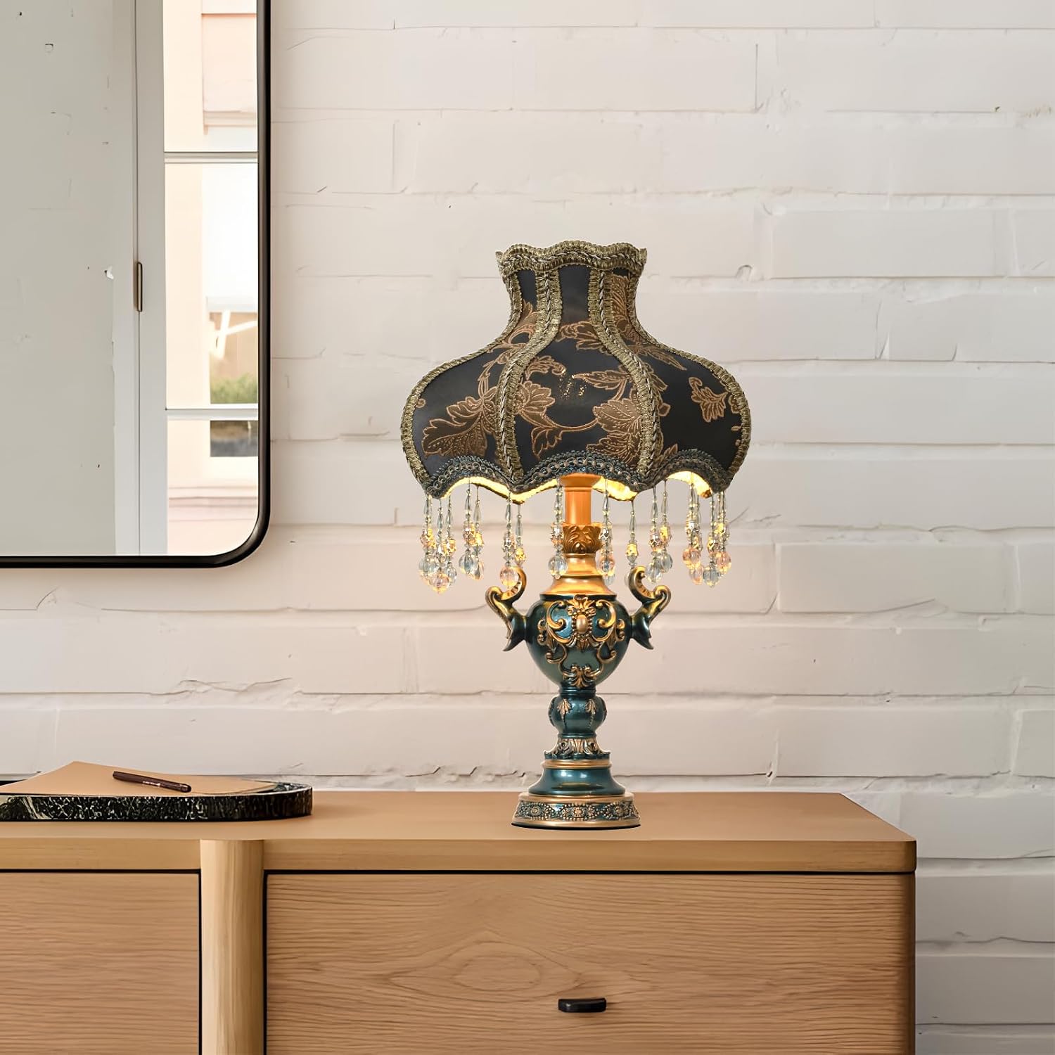 Victorian Style Table Lamp, Antique Flower Decorative Bedside Desk Lamp, Blue Fabric Night Light Elegant Bedside Nightstand Lamps for Bedroom Living Room