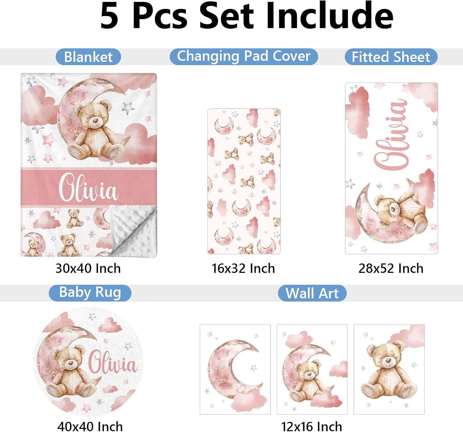 KAINSY Custom Baby Crib Set, 5 Pcs Personalized Name Pink Bear Theme for Infants Toddlers, Nursery Bedding for Girls, Double Layer Customized Gifts