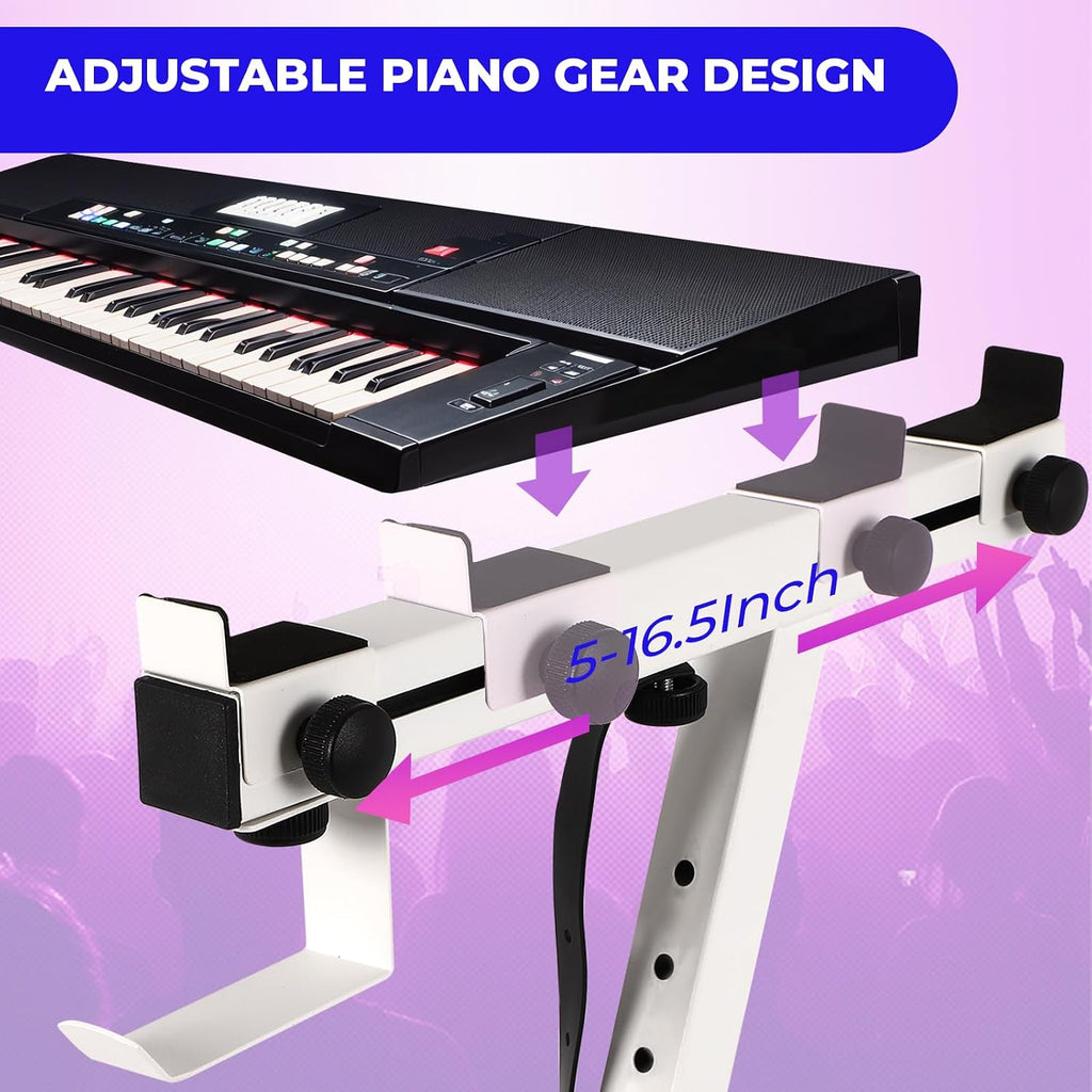 FAHKNS Piano Keyboard Stand and Bench, Z Style Portable and Adjustable Piano Stand with Headphone Bracket for 54-88 Key Electric Pianos, Piano Accessories with Bottom Wheel for Kids and Adults, White