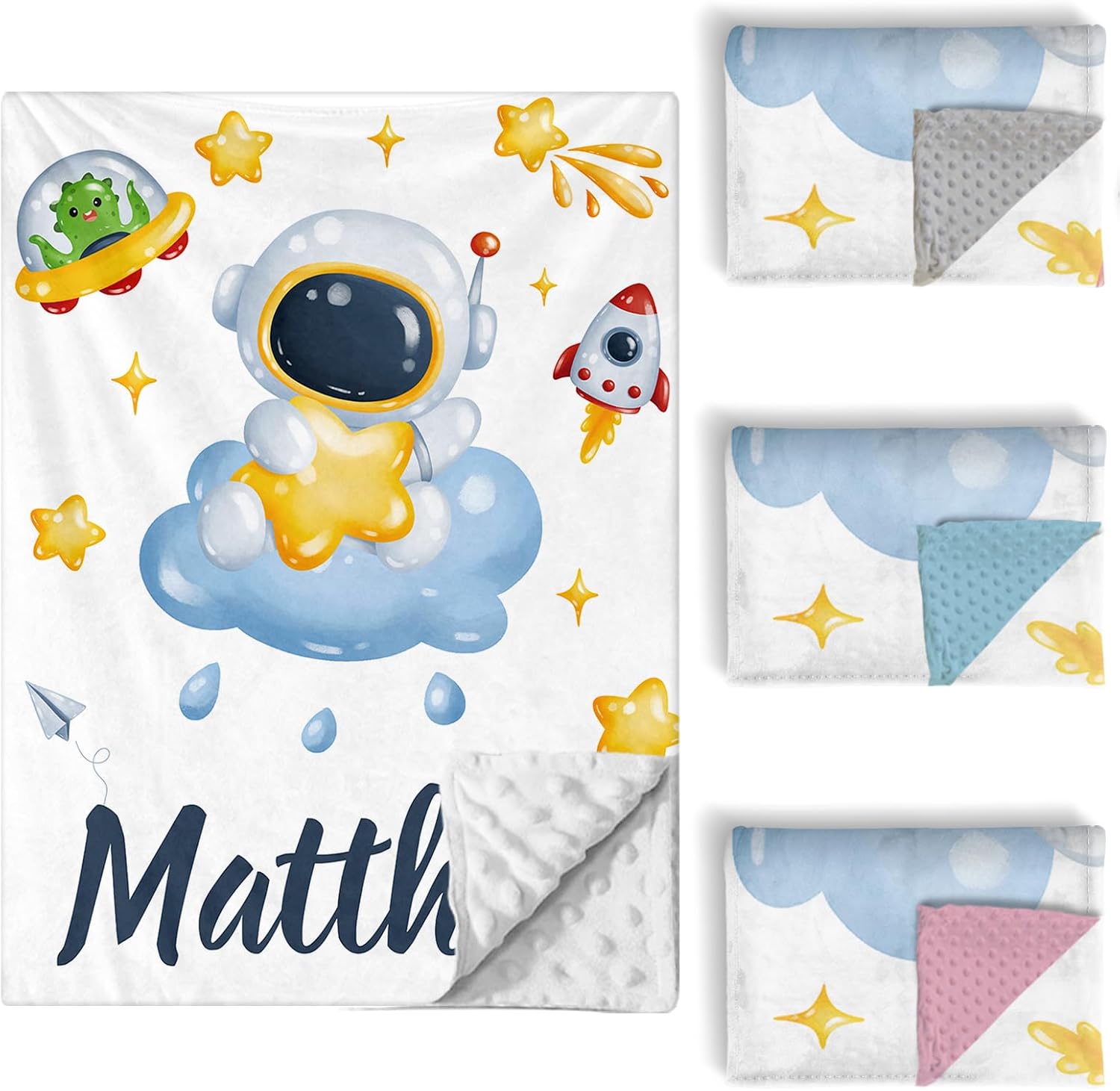 Custom Baby Crib Bedding Set, 5 PCS Personalized Name Baby Crib Sets for Girls Boys, Spaceman Theme Nursery Bedding Sets for Infant Toddler, Double Layer Flannel Bed Set Customized Gifts