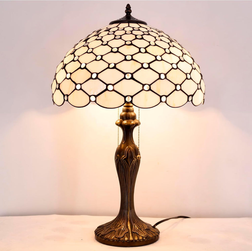 WERFACTORY Tiffany Table Lamp Stained Glass Bedside Lamp 16X16X24 Inches Cream Pearl Bead Desk Reading Light Metal Base Decor Bedroom Living Room Home Office S005 Series