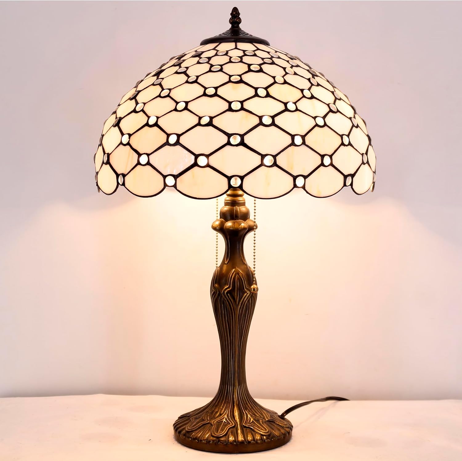 WERFACTORY Tiffany Table Lamp Stained Glass Bedside Lamp 16X16X24 Inches Cream Pearl Bead Desk Reading Light Metal Base Decor Bedroom Living Room Home Office S005 Series